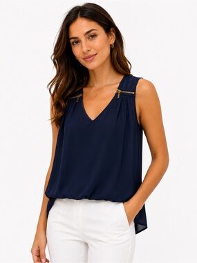 IZ Byer California Navy Blue Sleeveless Blouse - Women’s Small